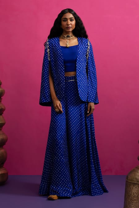 Buy_Pink City By Sarika_Blue Silk Sequins Square Electrifying Bandhani Cape Set _Online_at_Aza_Fashions