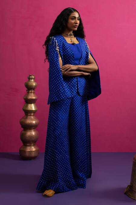 Shop_Pink City By Sarika_Blue Silk Sequins Square Electrifying Bandhani Cape Set _Online_at_Aza_Fashions