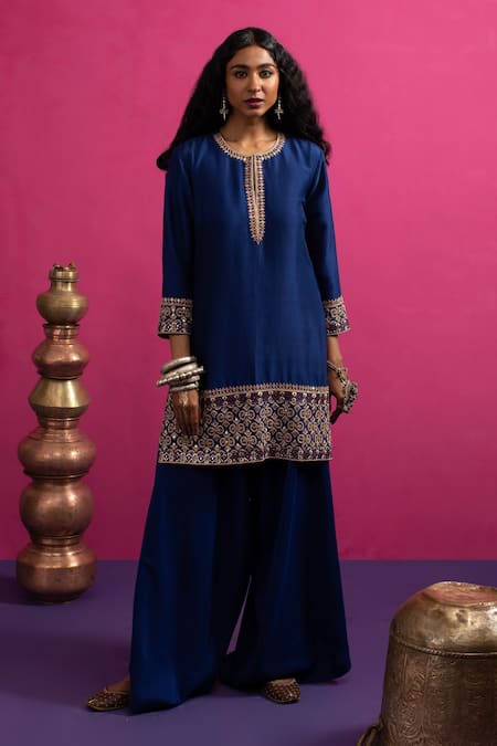Pink City By Sarika Blue Silk Mirrors, Embroidery Round Neck Love Kurta Pant Set 