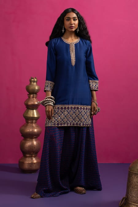 Shop Pink City By Sarika Blue Silk Mirrors, Embroidery Round Neck Love Kurta Pant Set Online at Aza Fashions Shop_Pink City By Sarika_Blue Silk Mirrors, Embroidery Round Neck Love Kurta Pant Set _Online_at_Aza_Fashions