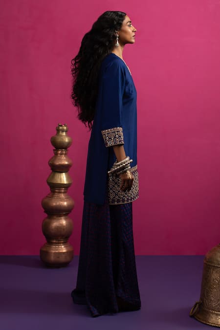 Pink City By Sarika Blue Silk Mirrors, Embroidery Round Neck Love Kurta Pant Set at Aza Fashions Pink City By Sarika_Blue Silk Mirrors, Embroidery Round Neck Love Kurta Pant Set _at_Aza_Fashions