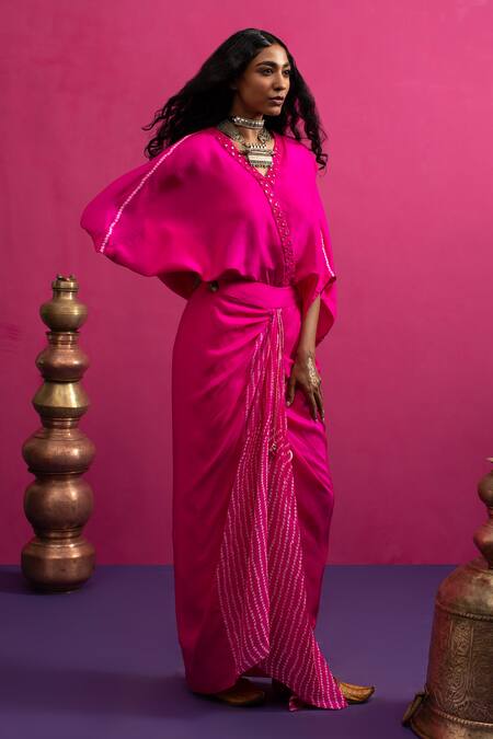 Shop_Pink City By Sarika_Fuchsia Silk Embroidery, Sequins Round Neck Love Rani Skirt Set _Online_at_Aza_Fashions