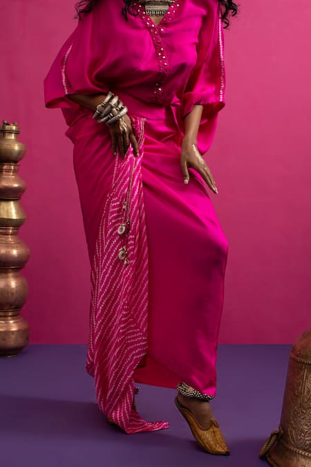 Pink City By Sarika_Fuchsia Silk Embroidery, Sequins Round Neck Love Rani Skirt Set _at_Aza_Fashions