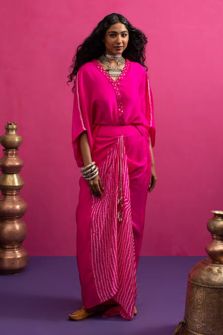Pink City By Sarika Fuchsia Silk Embroidery, Sequins Round Neck Love Rani Skirt Set 