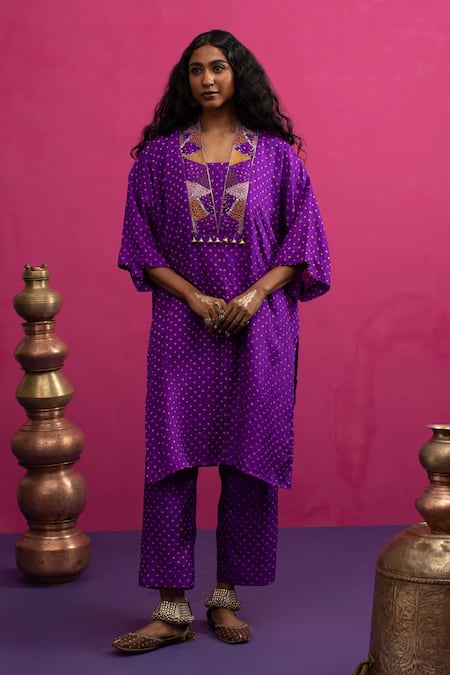 Pink City By Sarika Purple Silk Beads, Embroidery V-neck Baingani Kaftan Pant Set