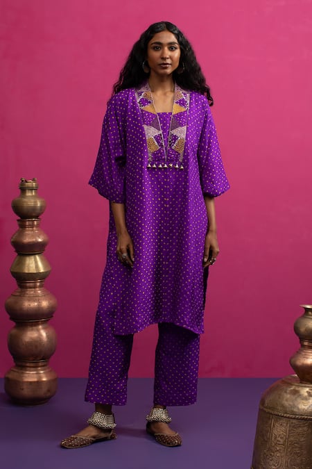 Pink City By Sarika_Purple Silk Beads, Embroidery V-neck Baingani Kaftan Pant Set _Online_at_Aza_Fashions