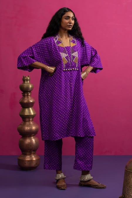 Buy_Pink City By Sarika_Purple Silk Beads, Embroidery V-neck Baingani Kaftan Pant Set _Online_at_Aza_Fashions