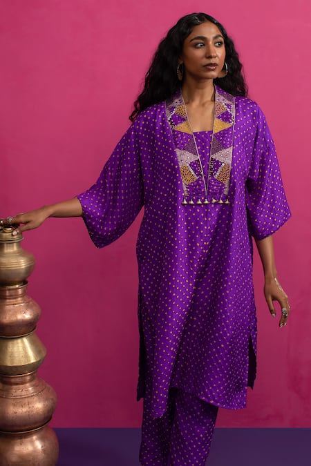 Pink City By Sarika_Purple Silk Beads, Embroidery V-neck Baingani Kaftan Pant Set _at_Aza_Fashions