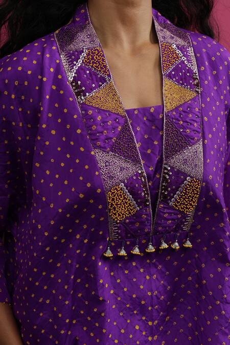 Buy_Pink City By Sarika_Purple Silk Beads, Embroidery V-neck Baingani Kaftan Pant Set 