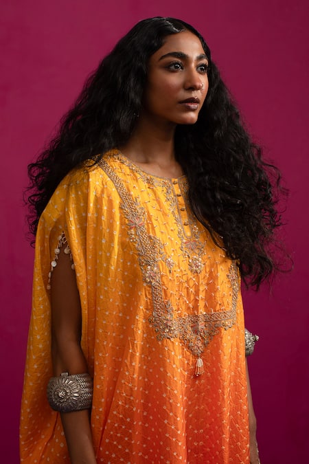 Pink City By Sarika_Yellow Silk Round Neck Mangalya Ombre Kaftan Pant Set _Online_at_Aza_Fashions