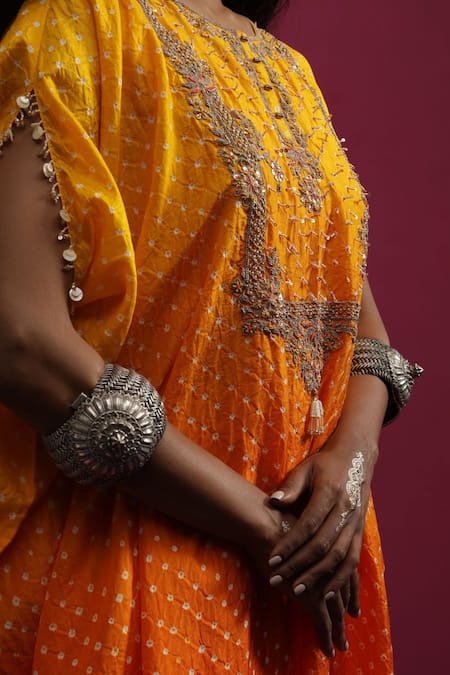 Buy_Pink City By Sarika_Yellow Silk Round Neck Mangalya Ombre Kaftan Pant Set _Online_at_Aza_Fashions