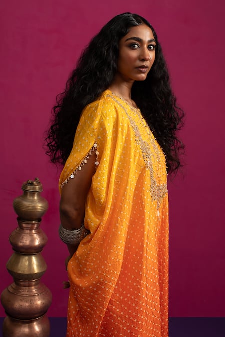 Pink City By Sarika_Yellow Silk Round Neck Mangalya Ombre Kaftan Pant Set _at_Aza_Fashions