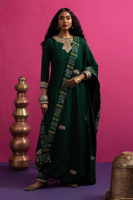 Pink City By Sarika Green Cotton, Mohair Embroidery Round Neck Peacock Draped Kurta Set 