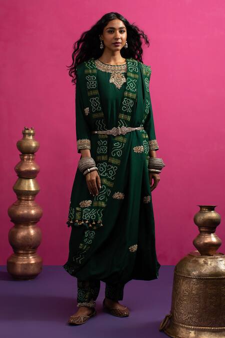 Shop_Pink City By Sarika_Green Cotton, Mohair Embroidery Round Neck Peacock Draped Kurta Set _Online_at_Aza_Fashions