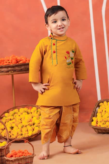 Cute Couture Yellow Cotton Embroidery Vrindavan Kurta And Dhoti Pant Set 