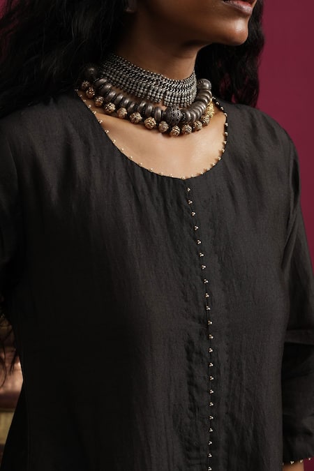 Shop_Pink City By Sarika_Black Silk, Chanderi, Cotton Embroidery Round Neck Peacock Pocket Kurta Set _Online_at_Aza_Fashions