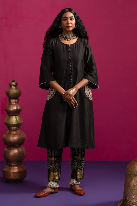 Pink City By Sarika Black Silk, Chanderi, Cotton Embroidery Round Neck Peacock Pocket Kurta Set 