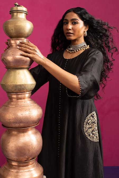 Pink City By Sarika_Black Silk, Chanderi, Cotton Embroidery Round Neck Peacock Pocket Kurta Set _at_Aza_Fashions