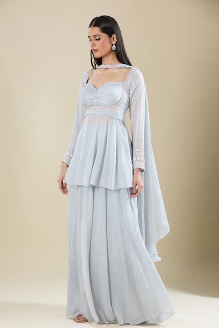 Buy_Samyukta Singhania_Blue Chinon Embroidery, Sequins Sweetheart Neck Powder Moti Kurta Set _Online_at_Aza_Fashions