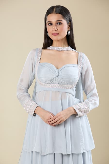 Shop_Samyukta Singhania_Blue Chinon Embroidery, Sequins Sweetheart Neck Powder Moti Kurta Set _Online_at_Aza_Fashions