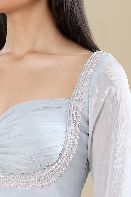 Samyukta Singhania_Blue Chinon Embroidery, Sequins Sweetheart Neck Powder Moti Kurta Set _at_Aza_Fashions