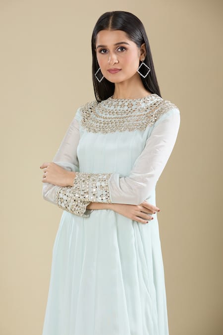 Buy_Samyukta Singhania_Mint Chinon Zari, Embroidery Round Neck Green Mirror Work Anarkali Dress _Online_at_Aza_Fashions