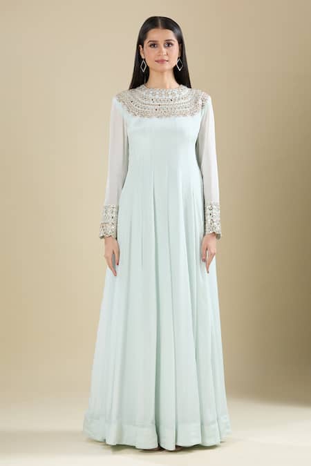 Shop_Samyukta Singhania_Mint Chinon Zari, Embroidery Round Neck Green Mirror Work Anarkali Dress _Online_at_Aza_Fashions