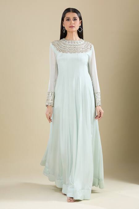 Samyukta Singhania_Mint Chinon Zari, Embroidery Round Neck Green Mirror Work Anarkali Dress _at_Aza_Fashions