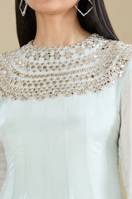 Buy_Samyukta Singhania_Mint Chinon Zari, Embroidery Round Neck Green Mirror Work Anarkali Dress 