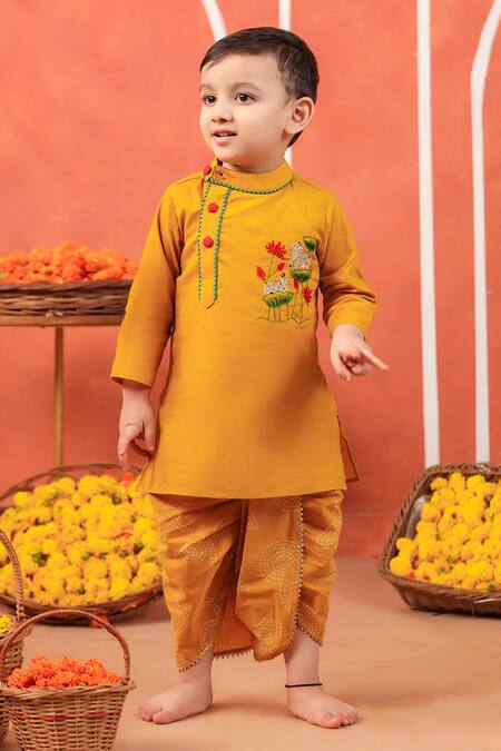 Cute Couture_Yellow Cotton Embroidery Vrindavan Kurta And Dhoti Pant Set _Online_at_Aza_Fashions