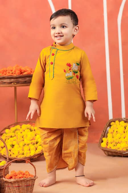 Buy_Cute Couture_Yellow Cotton Embroidery Vrindavan Kurta And Dhoti Pant Set _Online_at_Aza_Fashions