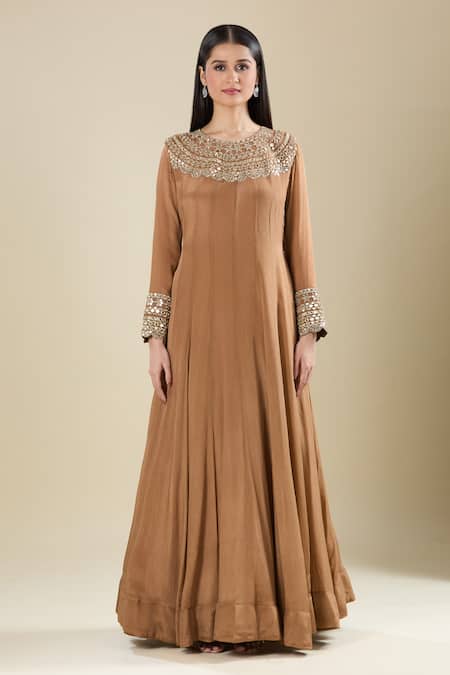 Buy_Samyukta Singhania_Brown Chinon Zari, Mirrors Round Neck Zardozi Embroidered Anarkali _Online_at_Aza_Fashions