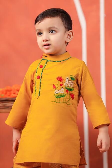 Shop_Cute Couture_Yellow Cotton Embroidery Vrindavan Kurta And Dhoti Pant Set _Online_at_Aza_Fashions