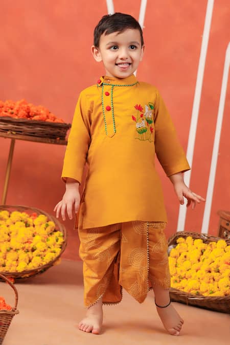 Cute Couture_Yellow Cotton Embroidery Vrindavan Kurta And Dhoti Pant Set _at_Aza_Fashions