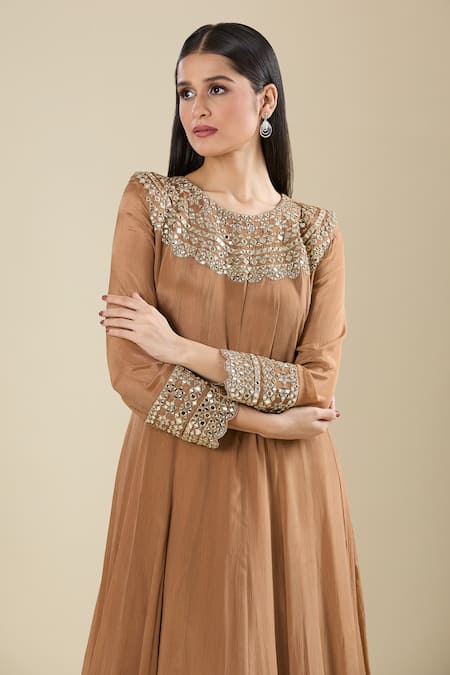 Samyukta Singhania_Brown Chinon Zari, Mirrors Round Neck Zardozi Embroidered Anarkali _at_Aza_Fashions