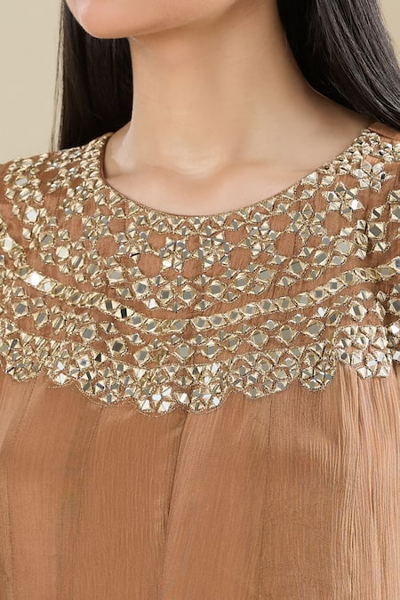 Buy_Samyukta Singhania_Brown Chinon Zari, Mirrors Round Neck Zardozi Embroidered Anarkali 