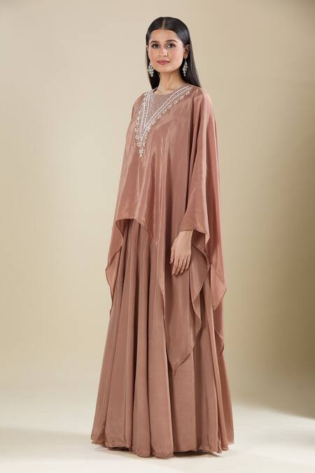 Buy_Samyukta Singhania_Brown Crepe Cut Work V-neck Heavy Dana Kaftan And Flared Pant _Online_at_Aza_Fashions
