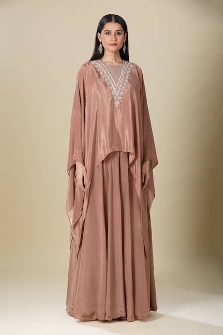 Shop_Samyukta Singhania_Brown Crepe Cut Work V-neck Heavy Dana Kaftan And Flared Pant _Online_at_Aza_Fashions