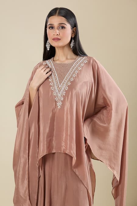 Shop_Samyukta Singhania_Brown Crepe Cut Work V-neck Heavy Dana Kaftan And Flared Pant 