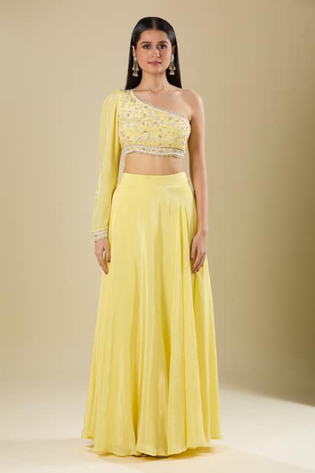 Buy_Samyukta Singhania_Yellow Crepe Sequins One Shoulder Floral Embroidered Lehenga Set _Online_at_Aza_Fashions