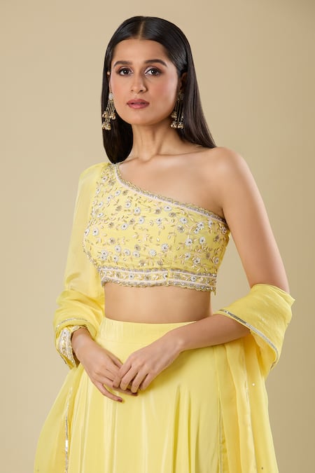Shop_Samyukta Singhania_Yellow Crepe Sequins One Shoulder Floral Embroidered Lehenga Set _Online_at_Aza_Fashions