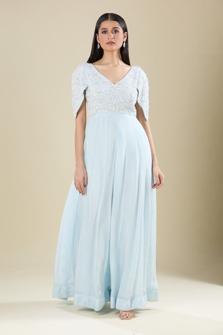 Buy Samyukta Singhania Blue Chinon Embroidery V-neck Powder Cut Dana Handwork Gown Online at Aza Fashions Buy_Samyukta Singhania_Blue Chinon Embroidery V-neck Powder Cut Dana Handwork Gown _Online_at_Aza_Fashions