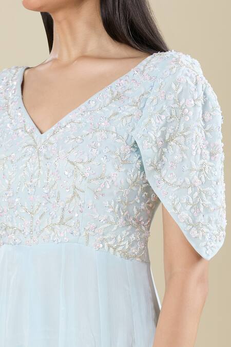 Shop Samyukta Singhania Blue Chinon Embroidery V-neck Powder Cut Dana Handwork Gown Online at Aza Fashions Shop_Samyukta Singhania_Blue Chinon Embroidery V-neck Powder Cut Dana Handwork Gown _Online_at_Aza_Fashions