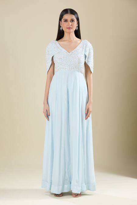 Samyukta Singhania Blue Chinon Embroidery V-neck Powder Cut Dana Handwork Gown at Aza Fashions Samyukta Singhania_Blue Chinon Embroidery V-neck Powder Cut Dana Handwork Gown _at_Aza_Fashions