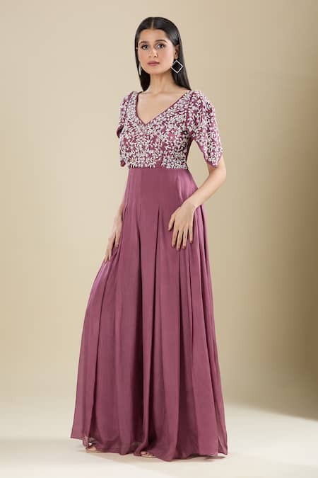 Buy Samyukta Singhania Wine Chinon Embroidery V-neck Cut Dana Gown Online at Aza Fashions Buy_Samyukta Singhania_Wine Chinon Embroidery V-neck Cut Dana Gown _Online_at_Aza_Fashions