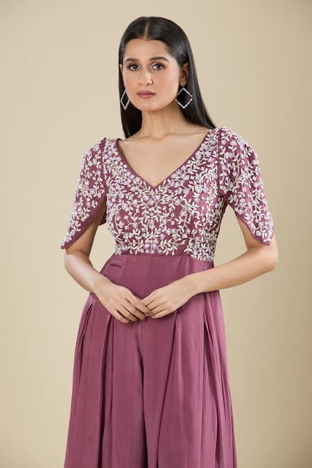 Shop Samyukta Singhania Wine Chinon Embroidery V-neck Cut Dana Gown Online at Aza Fashions Shop_Samyukta Singhania_Wine Chinon Embroidery V-neck Cut Dana Gown _Online_at_Aza_Fashions