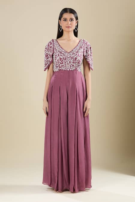 Samyukta Singhania Wine Chinon Embroidery V-neck Cut Dana Gown at Aza Fashions Samyukta Singhania_Wine Chinon Embroidery V-neck Cut Dana Gown _at_Aza_Fashions