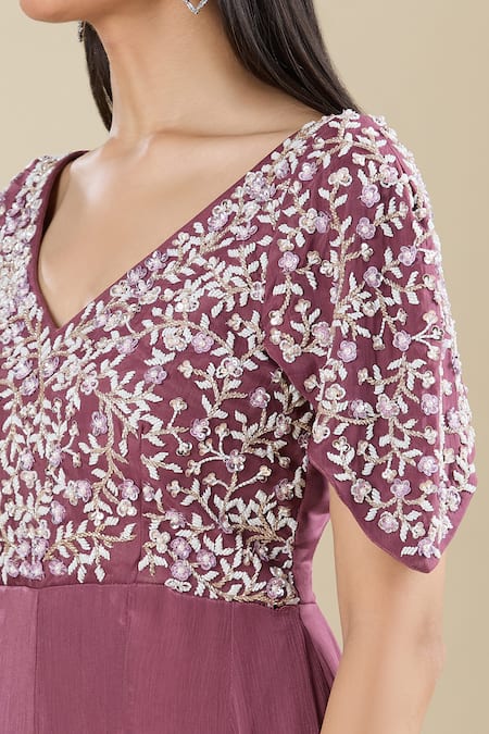Buy Samyukta Singhania Wine Chinon Embroidery V-neck Cut Dana Gown Buy_Samyukta Singhania_Wine Chinon Embroidery V-neck Cut Dana Gown
