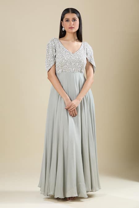 Buy Samyukta Singhania Gray Chinon Embroidery V-neck Grey Cut Dana Gown Online at Aza Fashions Buy_Samyukta Singhania_Gray Chinon Embroidery V-neck Grey Cut Dana Gown _Online_at_Aza_Fashions
