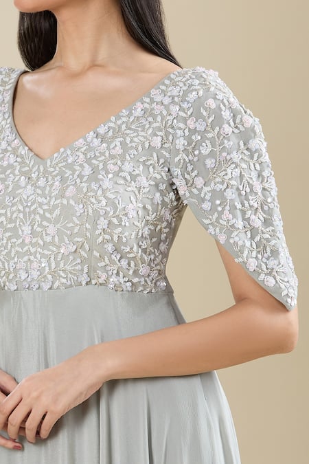 Samyukta Singhania Gray Chinon Embroidery V-neck Grey Cut Dana Gown at Aza Fashions Samyukta Singhania_Gray Chinon Embroidery V-neck Grey Cut Dana Gown _at_Aza_Fashions